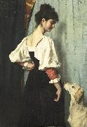 Therese Schwartze Young Italian woman with a dog called Puck. oil on canvas